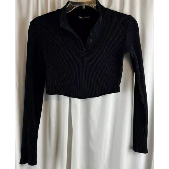 ZARA Long Sleeves Button-Up Mock Neck Cropped Top Black M eclectic 68-48 - Picture 8 of 13